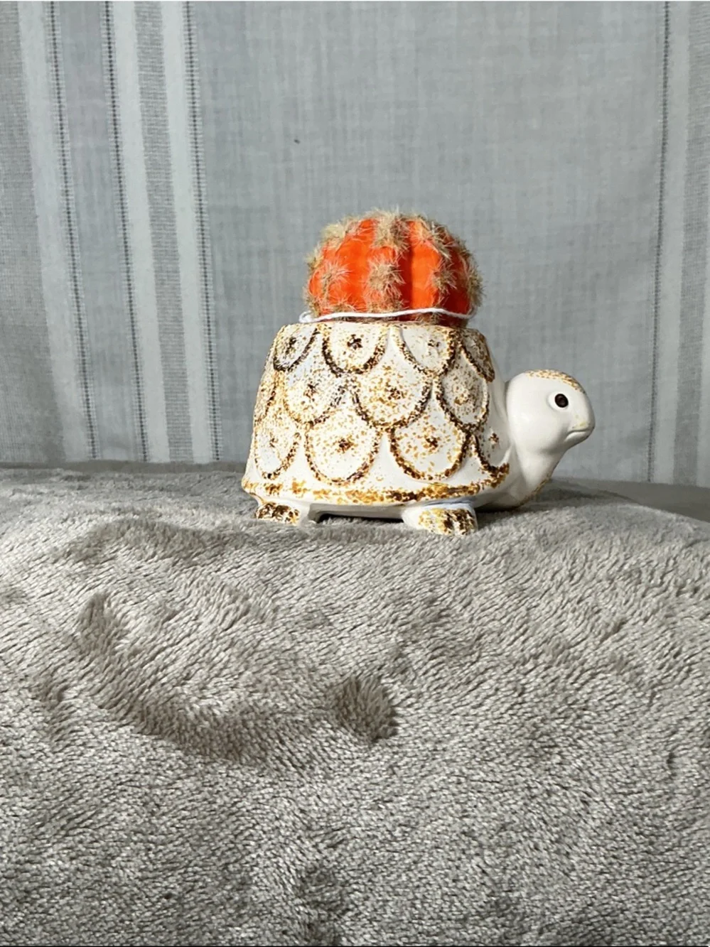 Cream Ceramic Turtle Planter with Bright Orange Faux Cactus